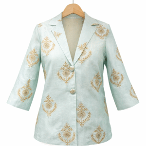 jacket in soft aqua blue, adorned with subtle gold block print motifs