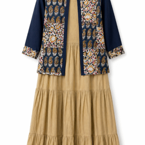 beige tiered dress paired with a smart navy printed jacket