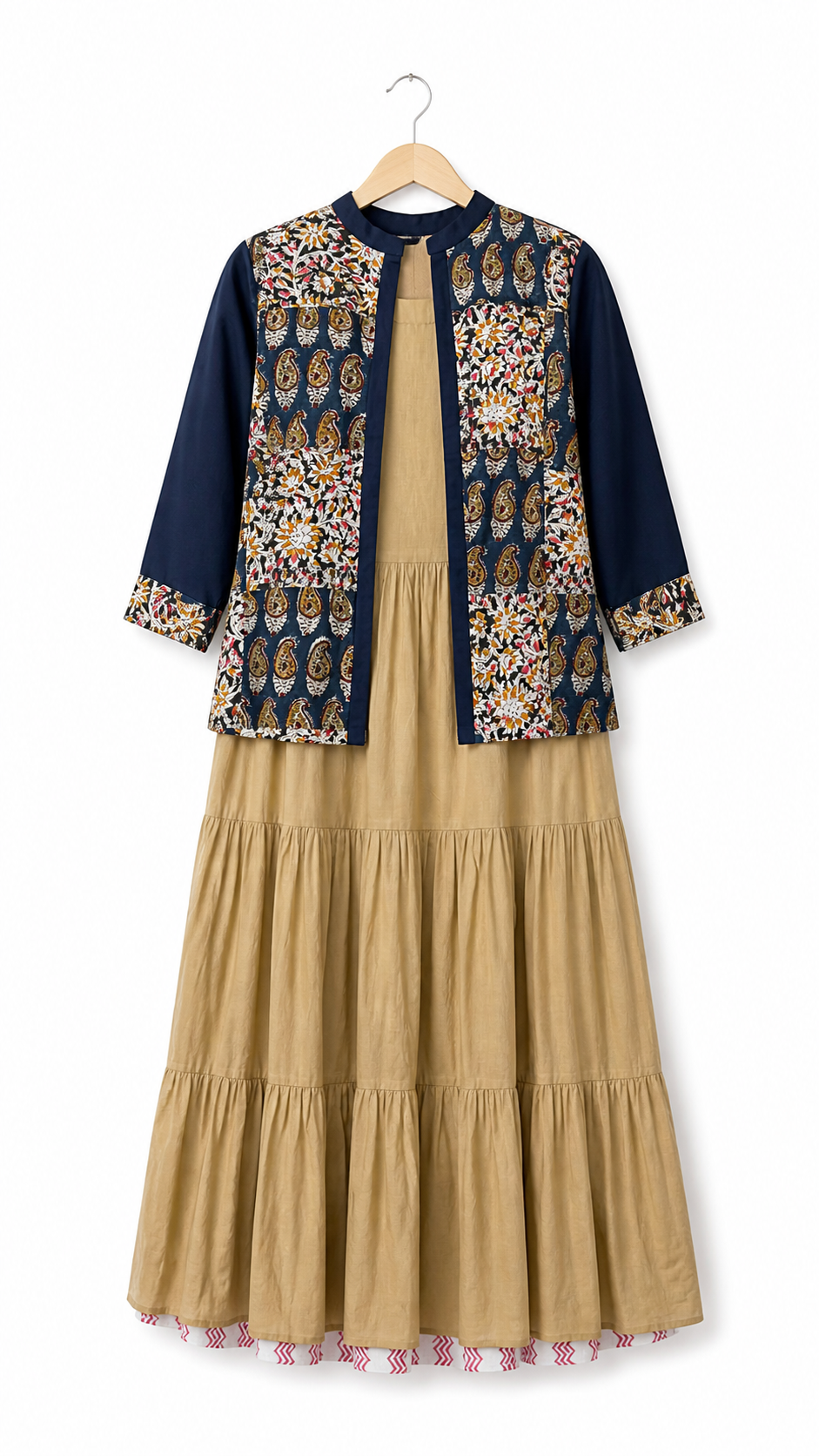 beige tiered dress paired with a smart navy printed jacket beige tiered dress paired with a smart navy printed jacket